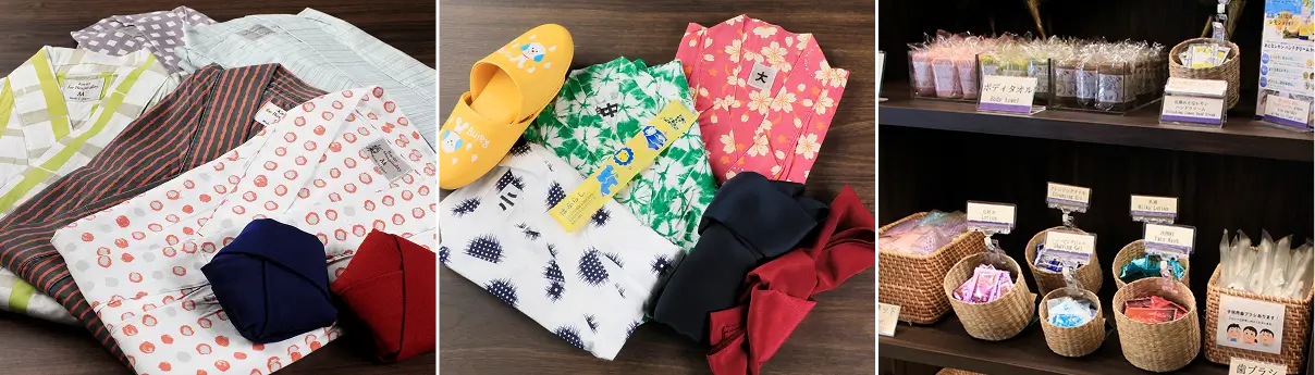 1Fロビーに浴衣コーナーとアメニティコーナーがございます。※お子さま用のアメニティ（浴衣・歯ブラシなど）もご用意しております。
